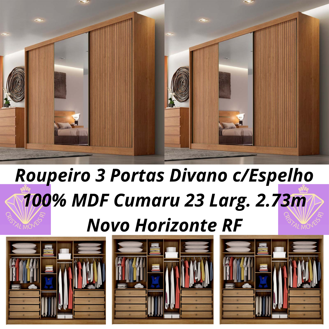 Guarda-Roupa 3 Portas Diamond Plus c/Espelho 100% MDF Cumaru/Fendi