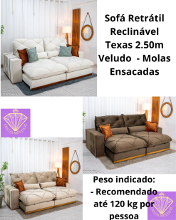 Sofá Retrátil Reclinável Texas 2.50m Veludo - Molas Ensacadas RF