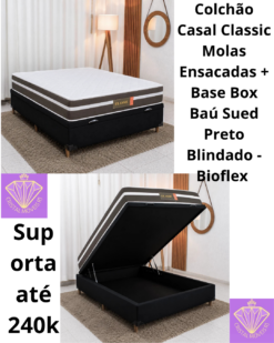 Colchão Casal Classic Molas Ensacadas + Base Box Baú Casal Carioca Sued Preto 138x188x62 Blindado - Bioflex | Suporta até 240kg