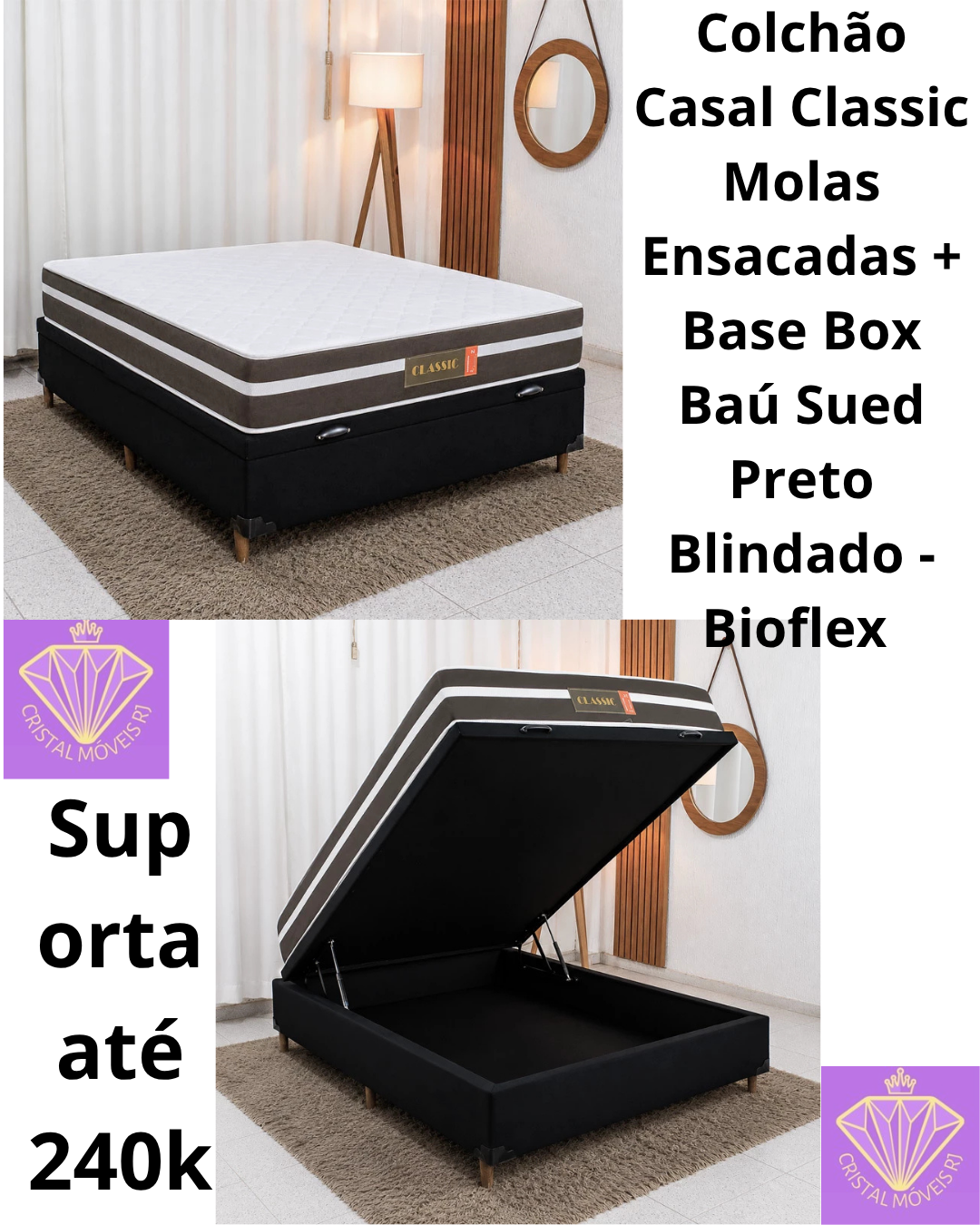 Colchão Casal Classic Molas Ensacadas + Base Box Baú Casal Carioca Sued Preto 138x188x62 Blindado - Bioflex | Suporta até 240kg