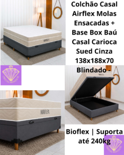 Colchão Casal Airflex Molas Ensacadas + Base Box Baú Casal Carioca Sued Cinza 138x188x70 Blindado - Bioflex | Suporta até 240kg
