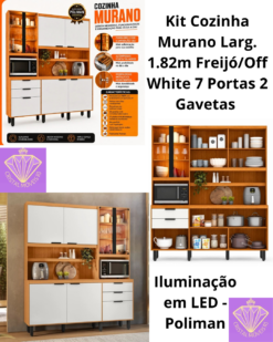 Kit Cozinha Murano Larg. 1.82m Freijó/Off White 7 Portas 2 Gavetas e Iluminação em LED - Poliman RF