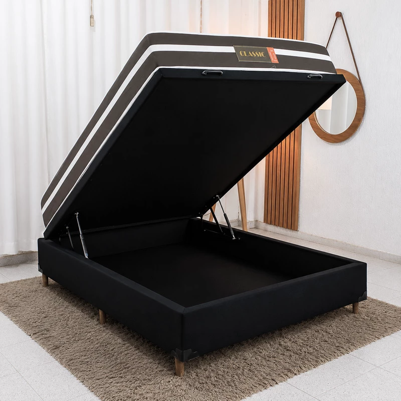 Colchão Casal Classic Molas Ensacadas + Base Box Baú Casal Carioca Sued Preto 138x188x62 Blindado - Bioflex | Suporta até 240kg - Imagem 3